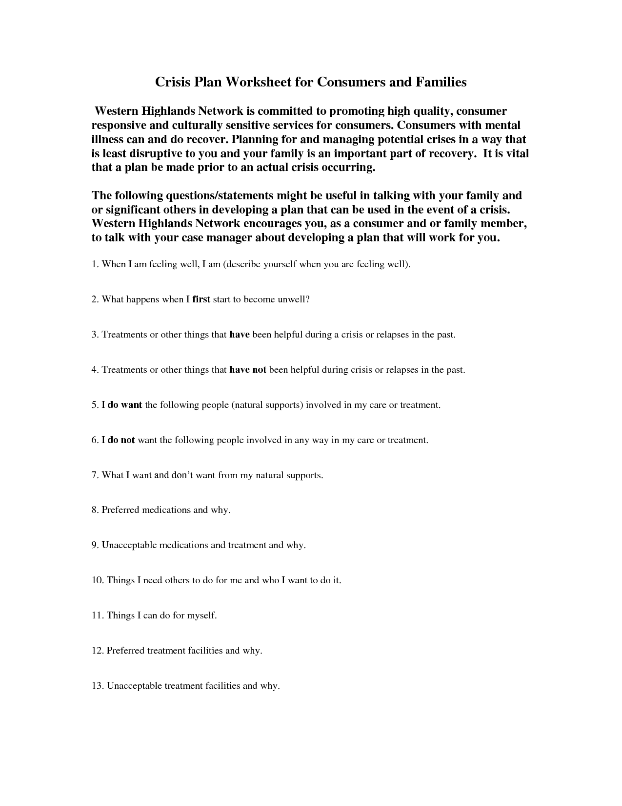 Mental Health Crisis Safety Plan Worksheet