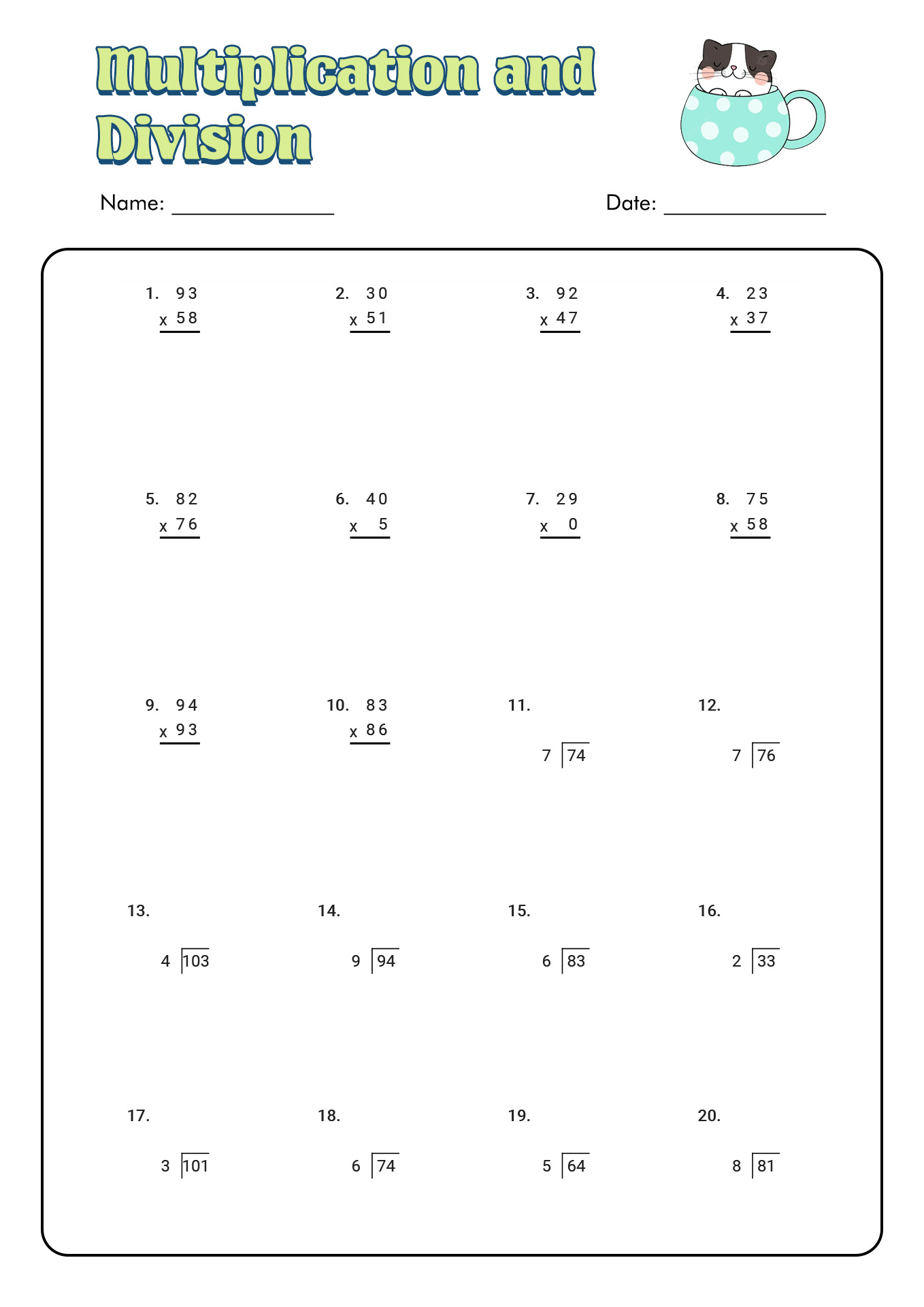 Multiplication Division Worksheets 3rd Grade