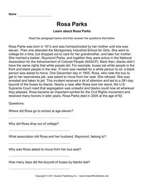 Rosa Parks Comprehension Worksheet
