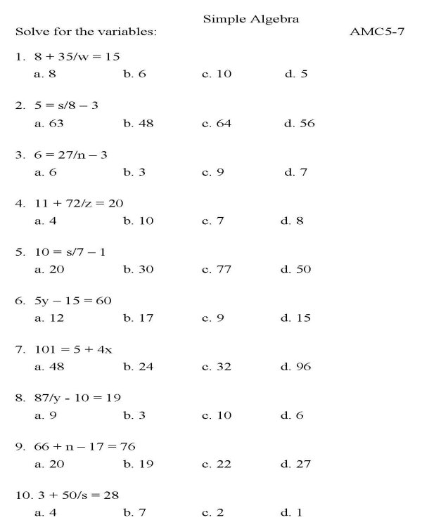 9th Grade Algebra Math Worksheets Printable