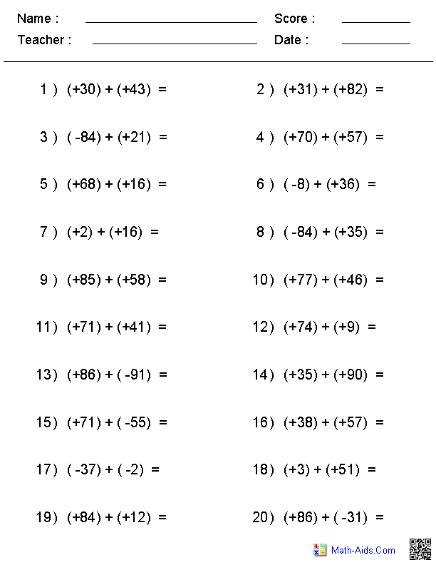 Adding and Subtracting Integers Worksheet Image