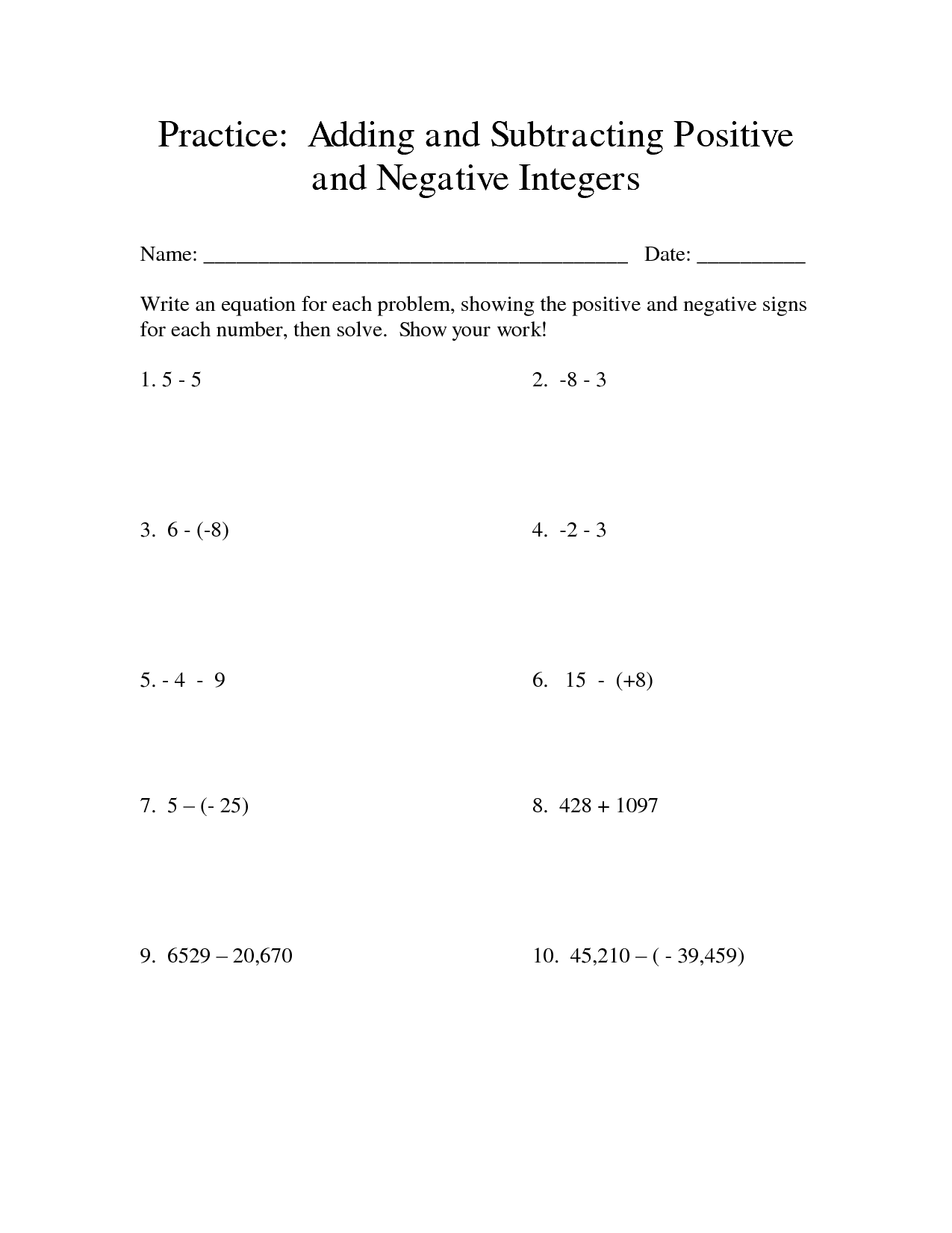 Adding Positive and Negative Integers Worksheets Image