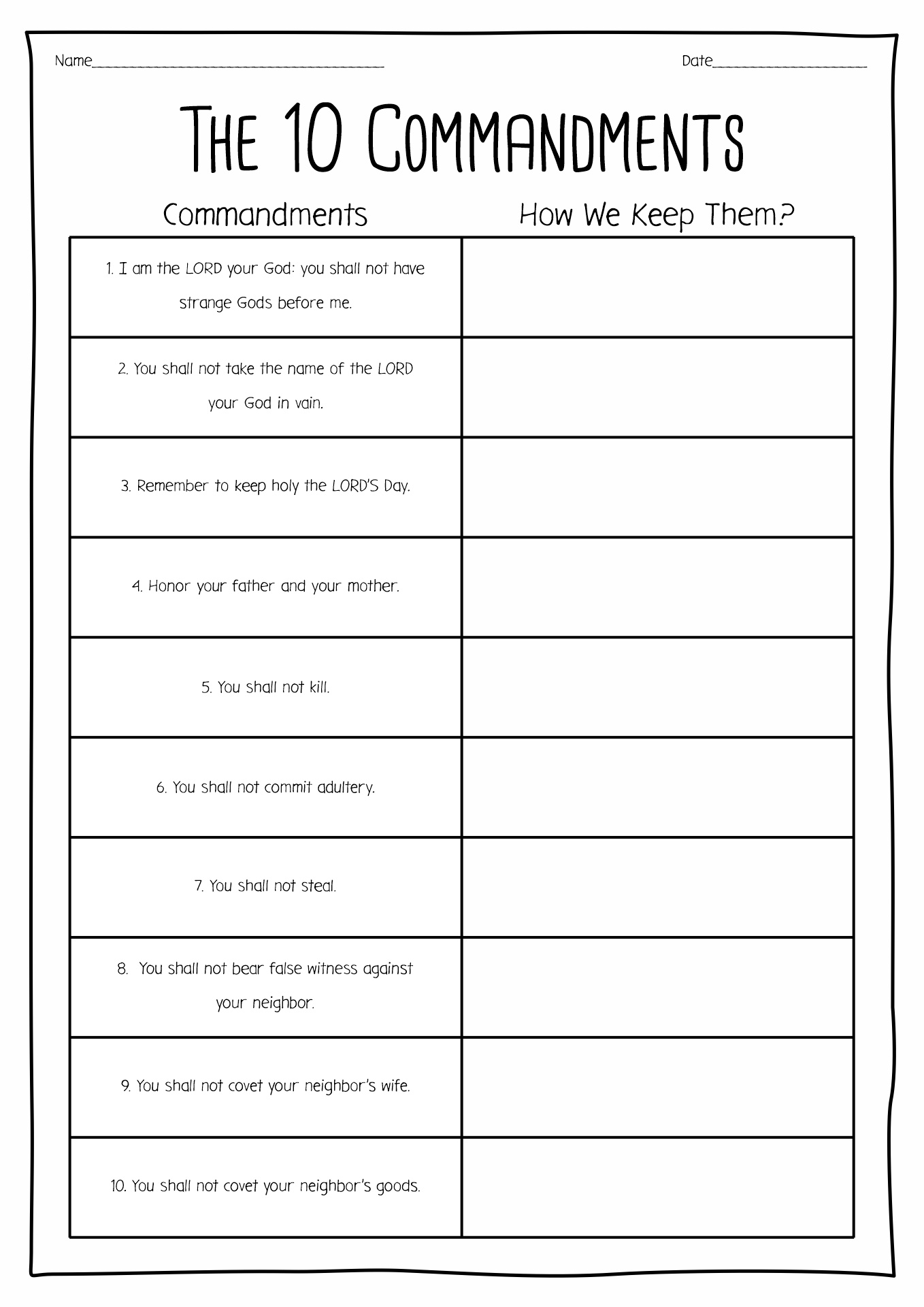 Catholic Ten Commandments Worksheets for Middle School Image