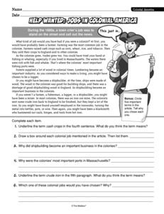 Colonial Reading Comprehension Worksheets Image