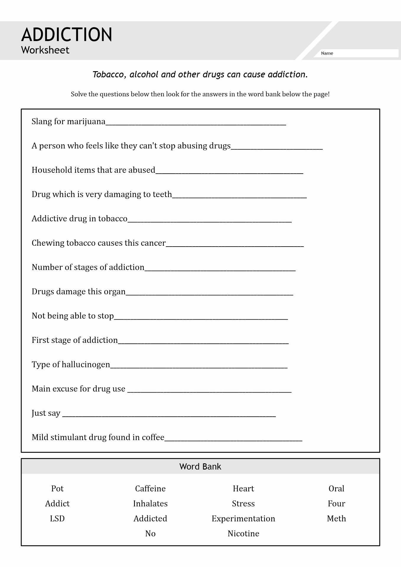 drug education worksheets pdf