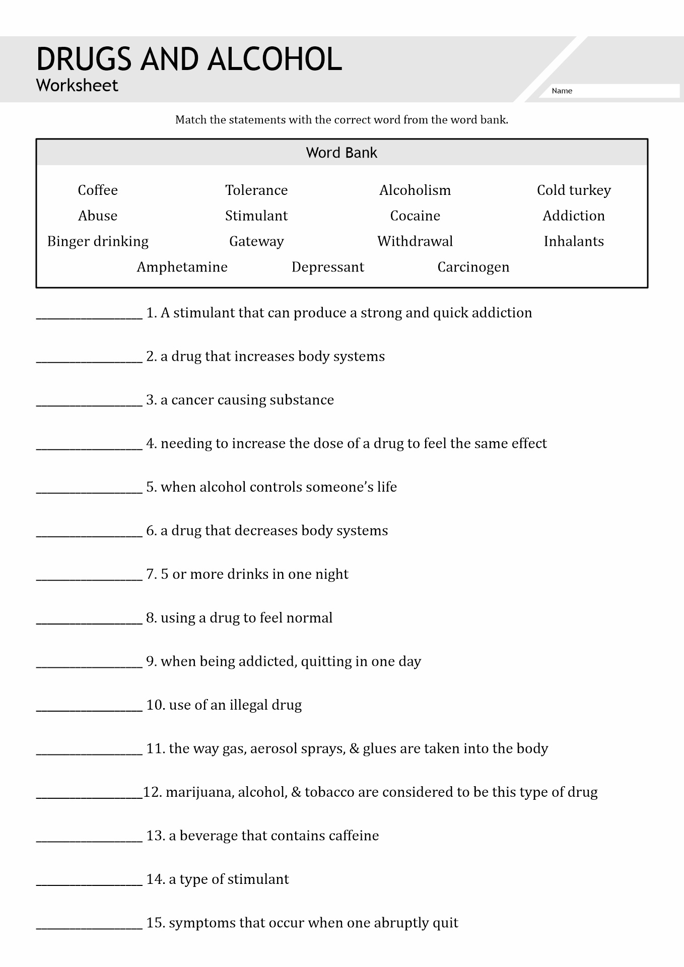 Drug and Alcohol Worksheets Image