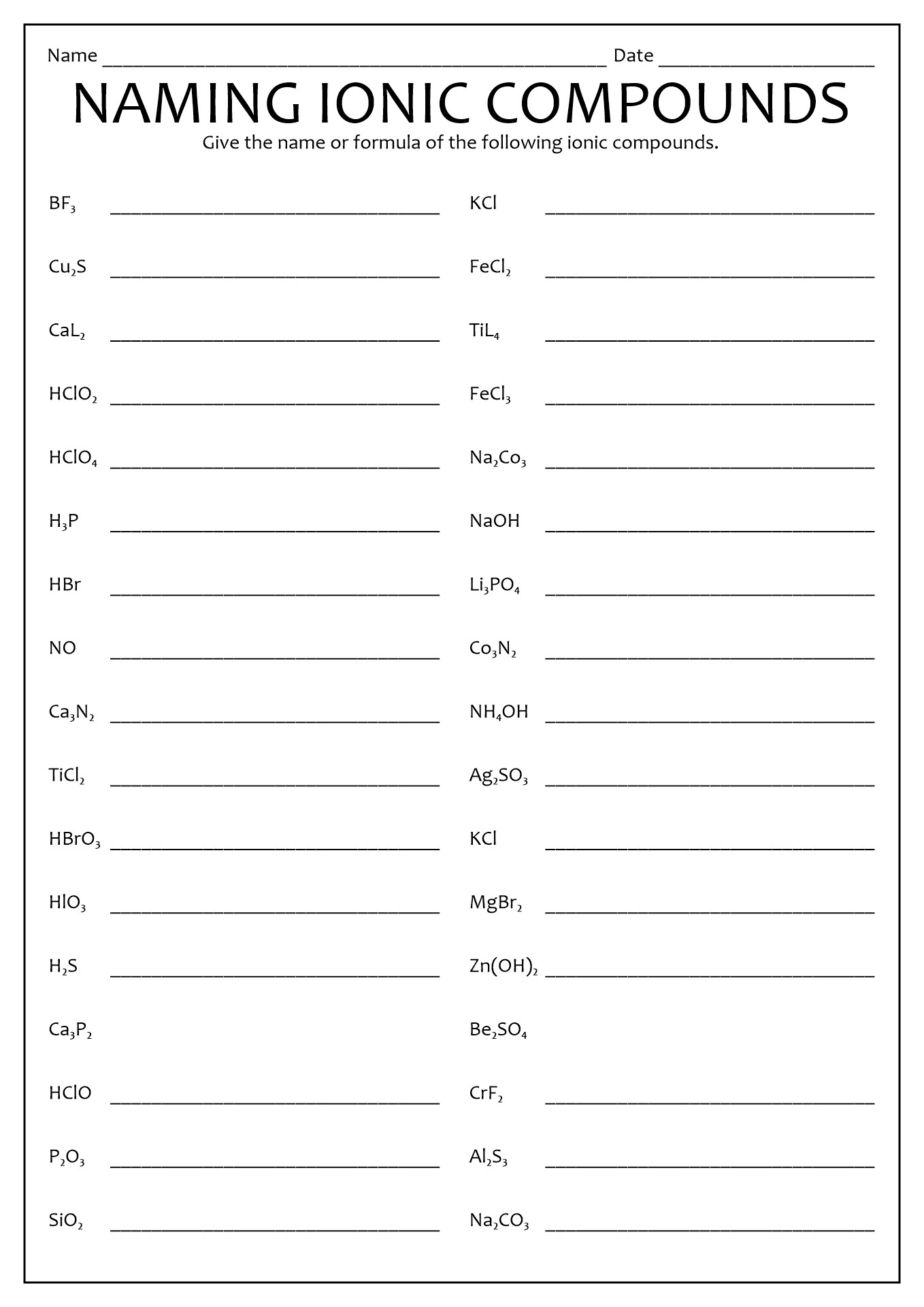 Naming Ionic and Covalent Compounds Worksheet