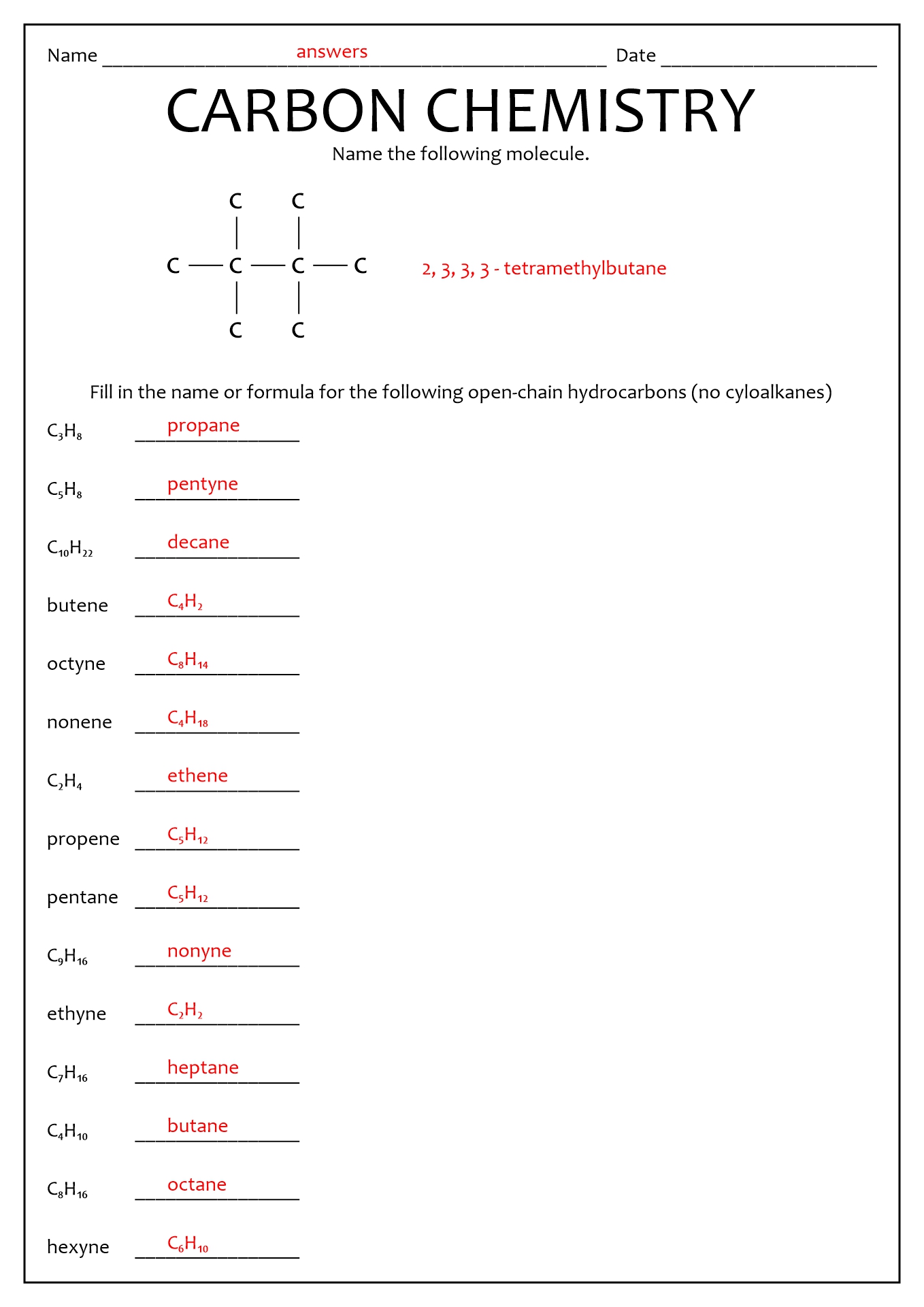 Naming Organic Compounds Worksheet Answer