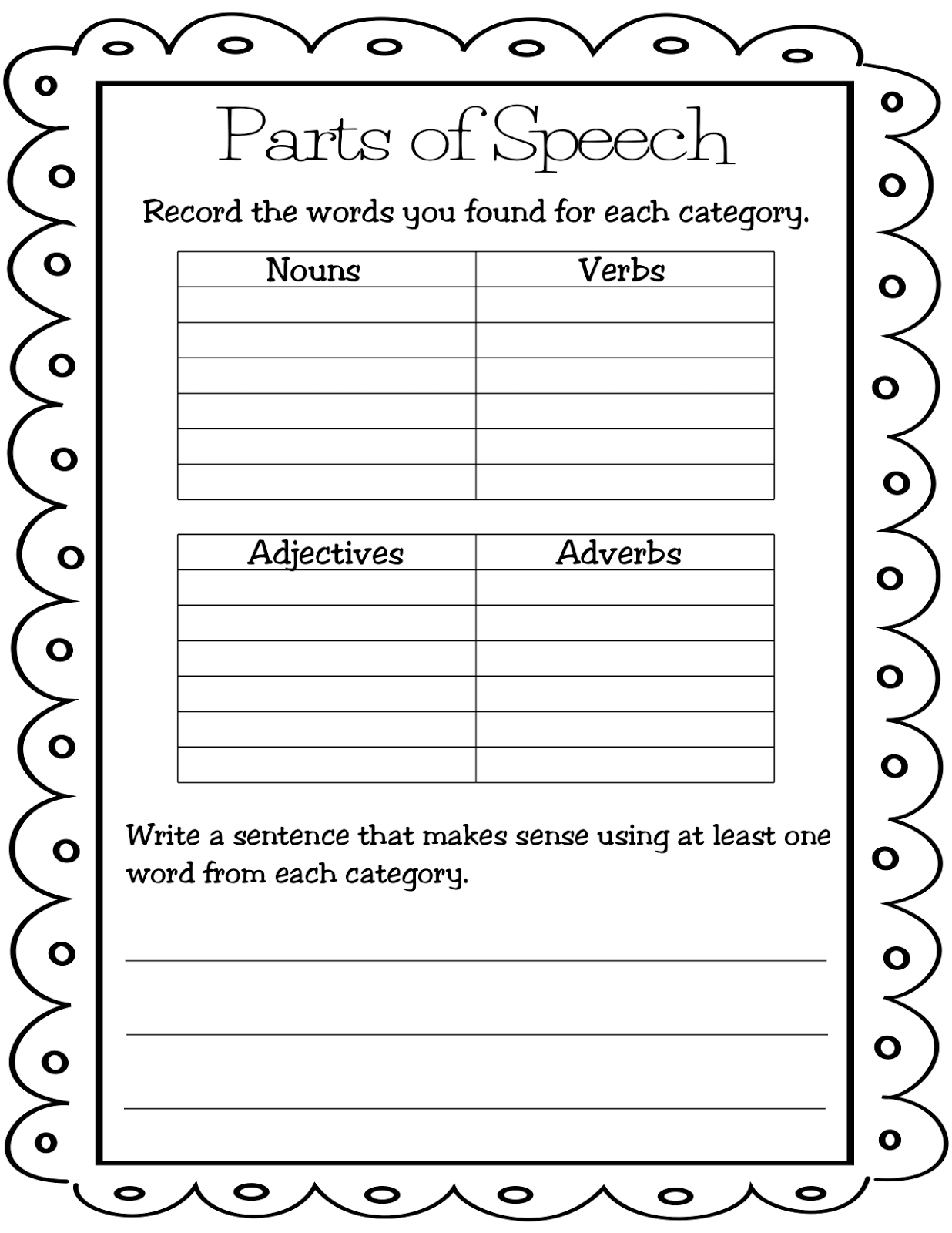 parts of speech worksheet for class 5