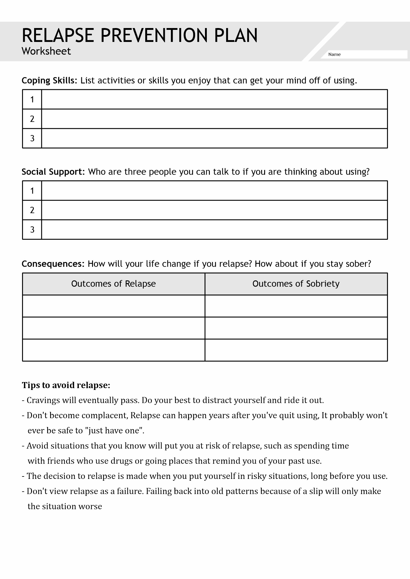 Relapse Prevention Worksheets Substance Abuse