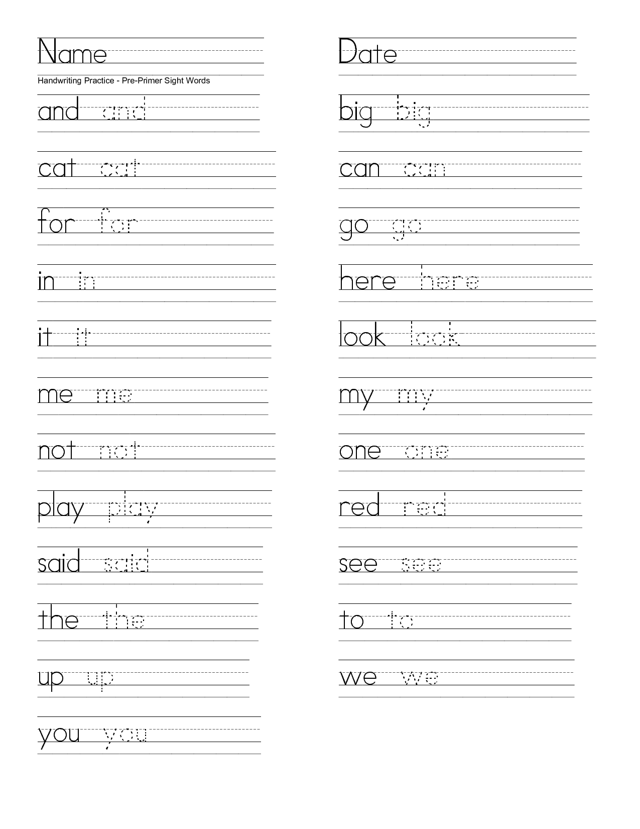 Sight Word Writing Practice Worksheets Image
