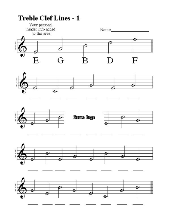 Treble Clef Lines and Spaces Worksheet Image
