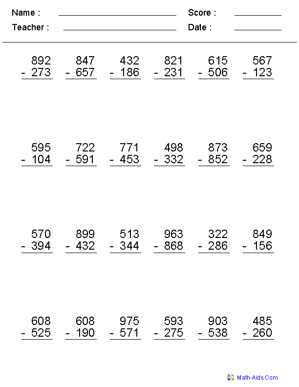 3-Digit Subtraction Worksheets Image