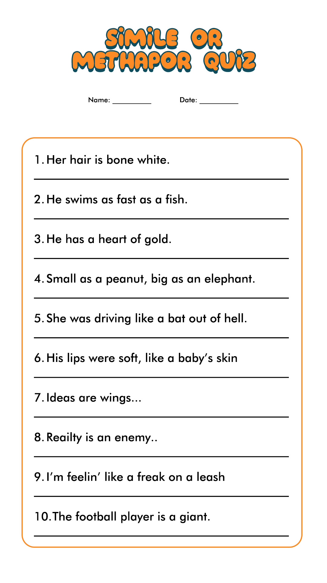 6th-Grade Simile Metaphor Worksheets Image