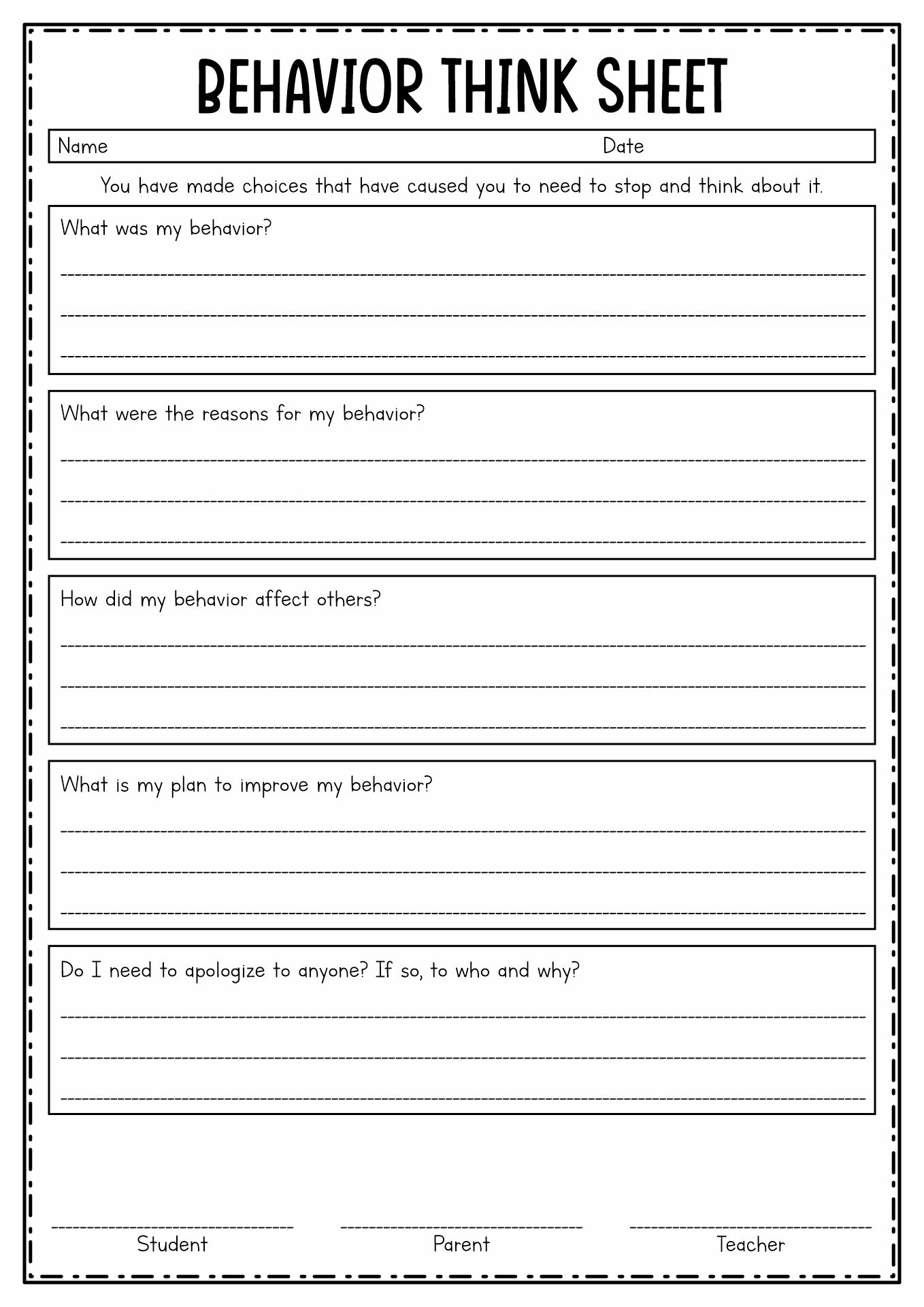 problem solving reflection sheet