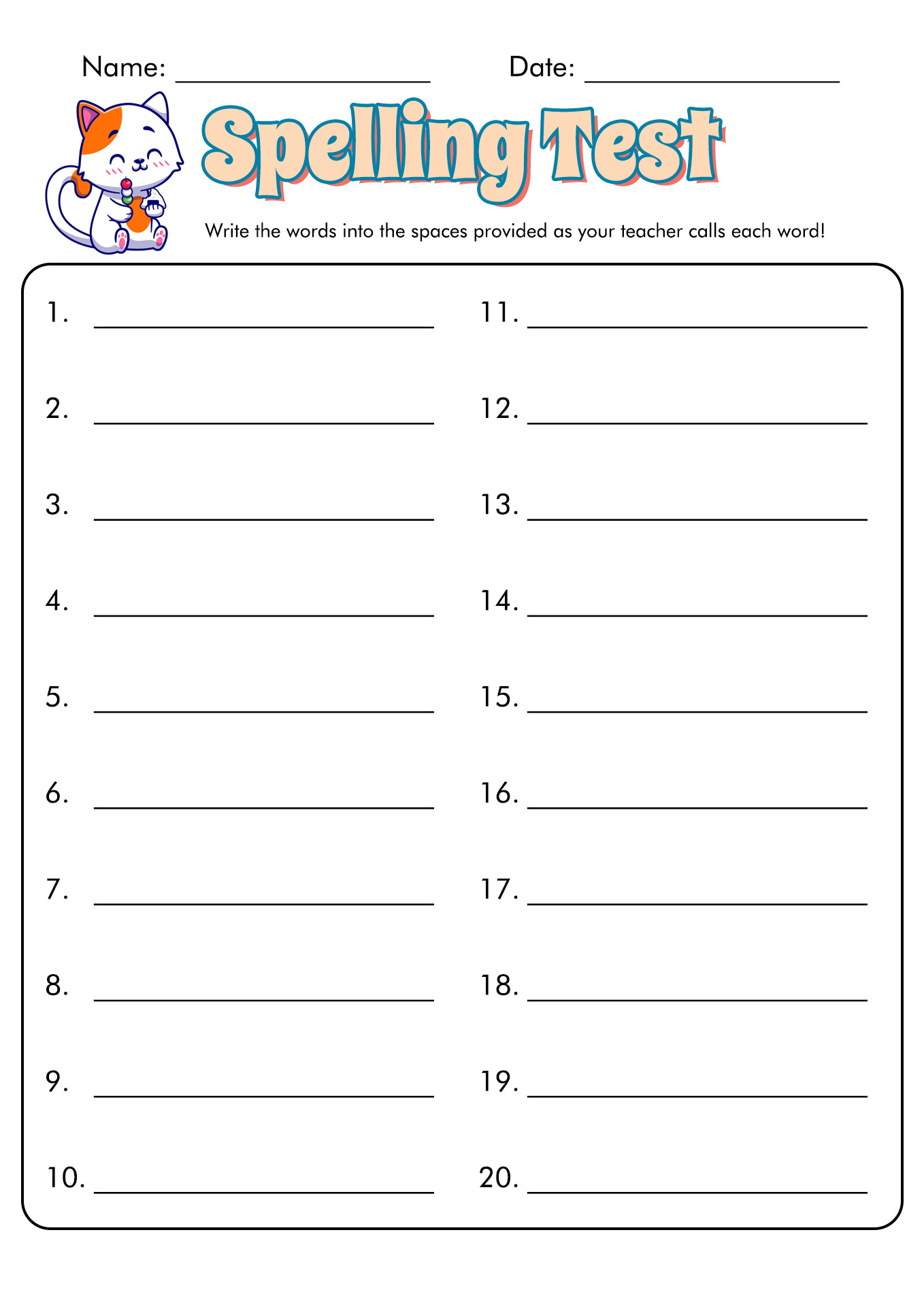 Blank Spelling Word Practice Sheets