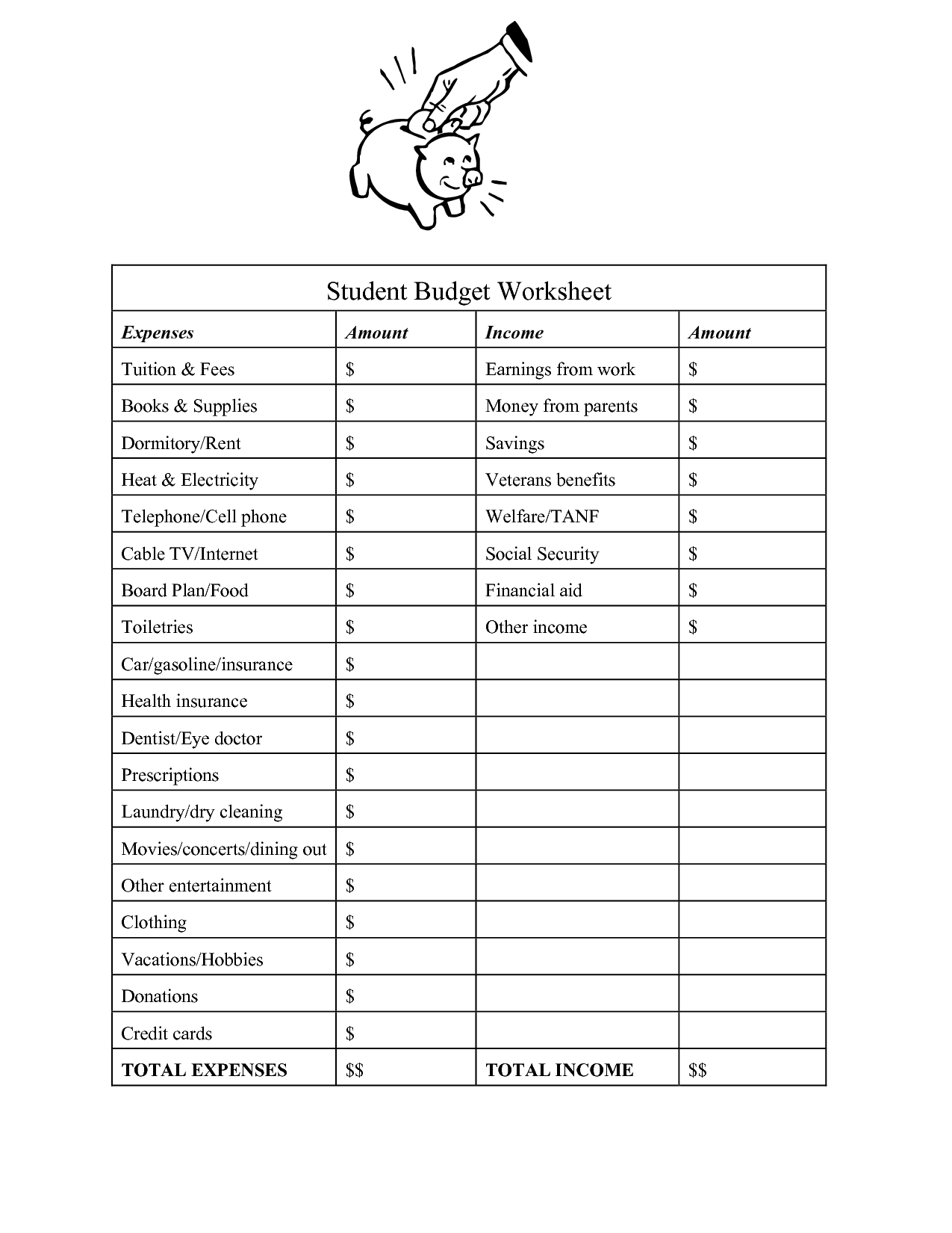 College Student Budget Worksheet Image
