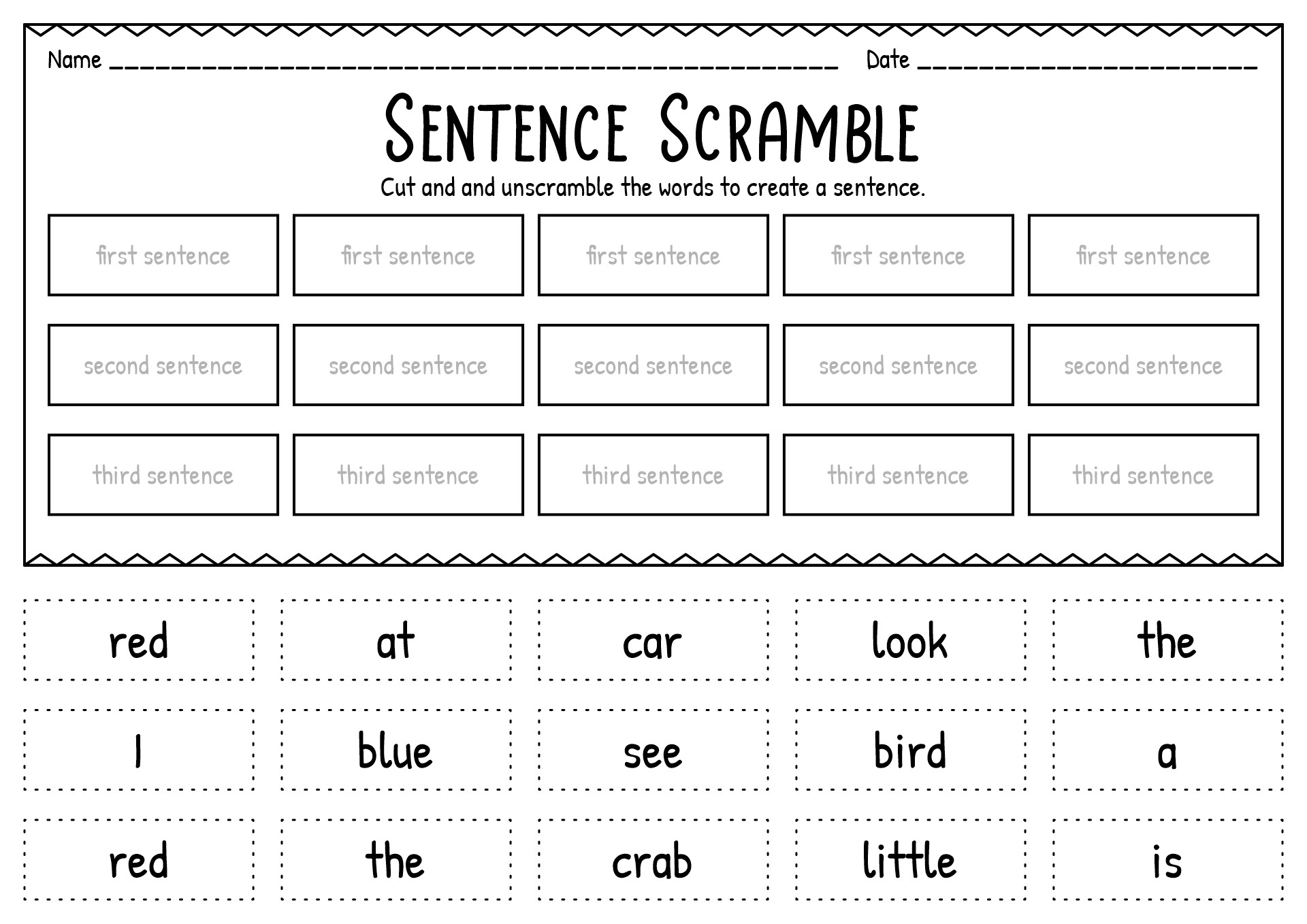 Cut and Paste Sentences Kindergarten