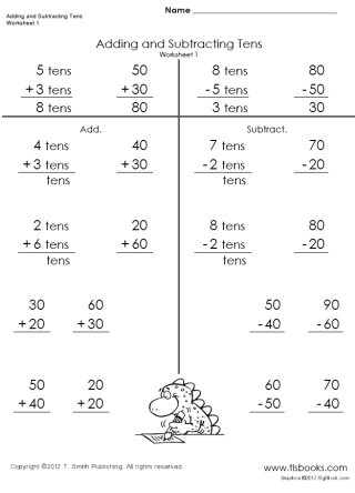 First Grade Adding and Subtracting Tens Worksheet Image