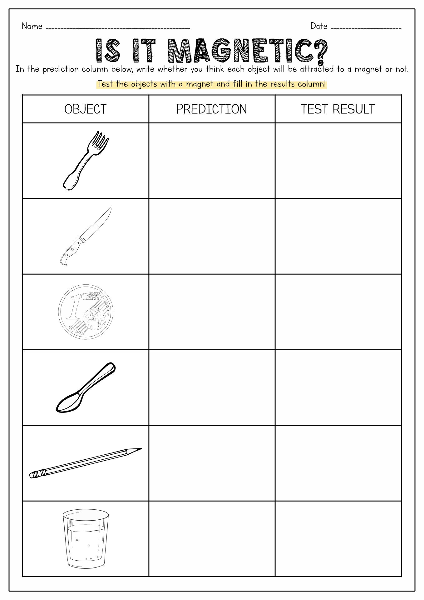 Magnetic Objects Worksheet Image
