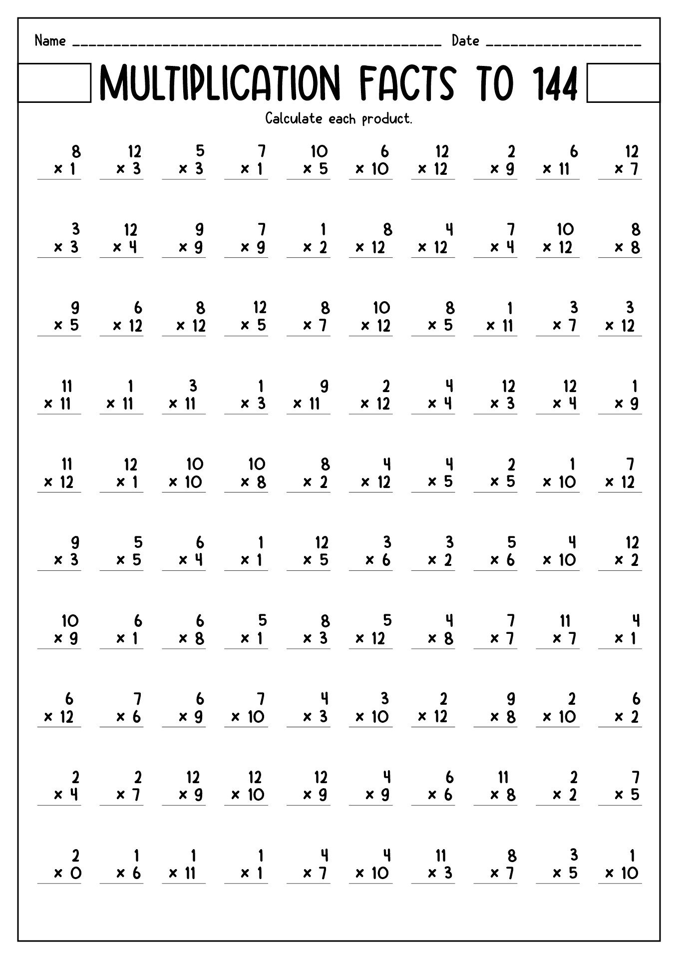 Math Drills Multiplication Worksheets 100 Problems Image