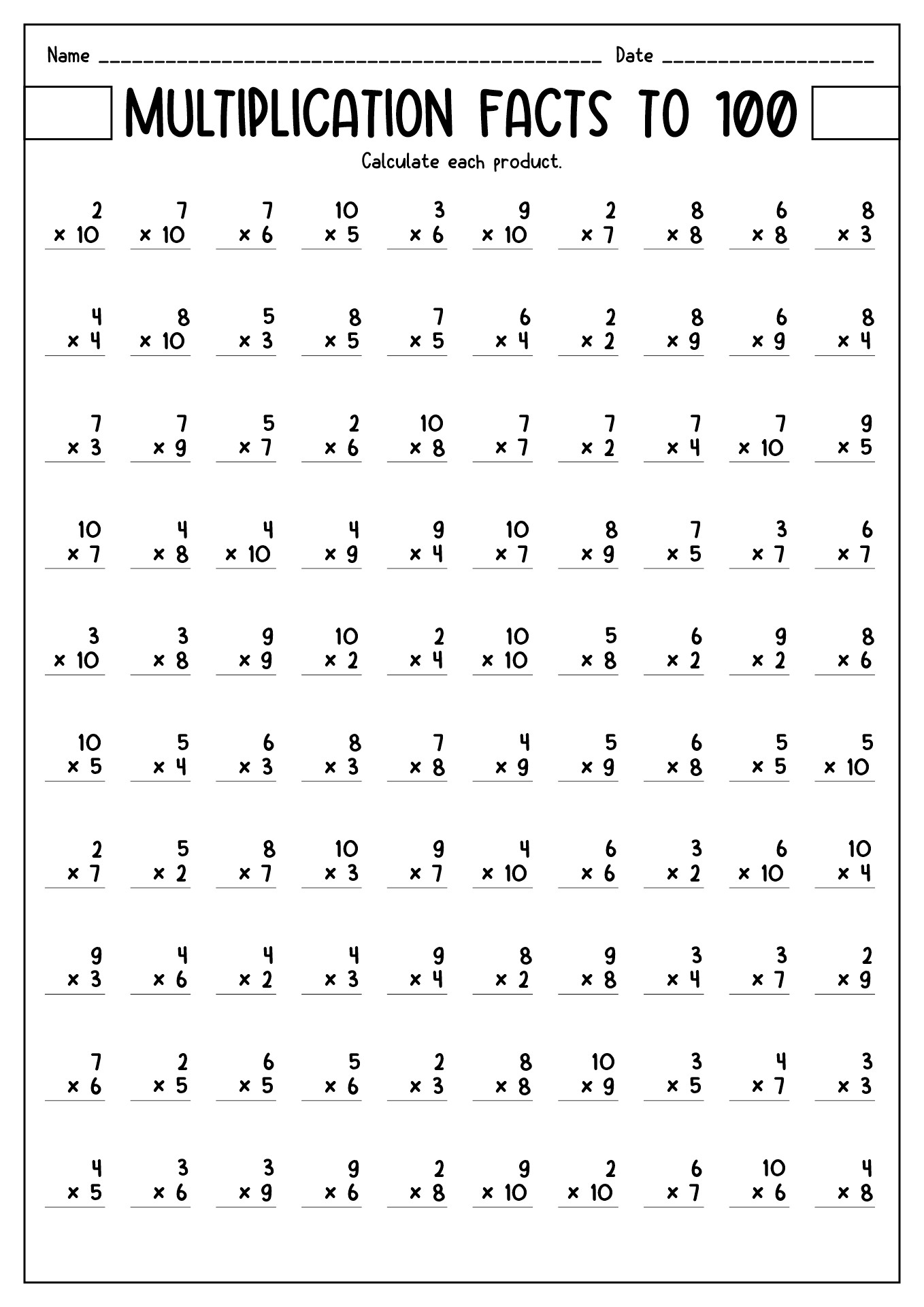 Multiplication Worksheets 100