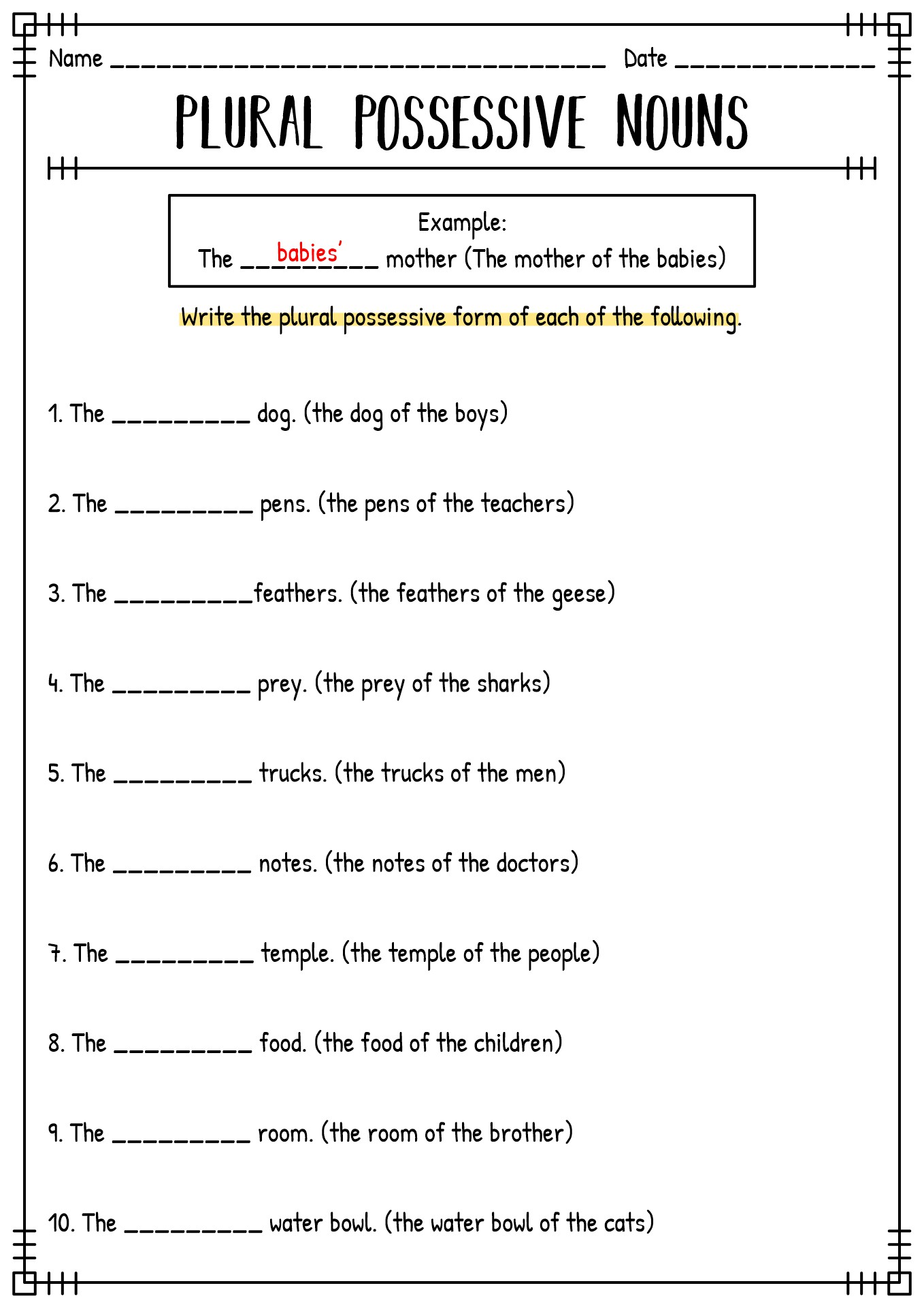 Plural and Possessive Worksheets Image