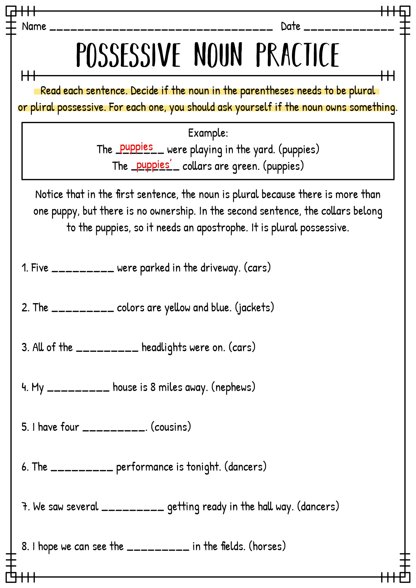 Plural or Possessive Worksheet Image
