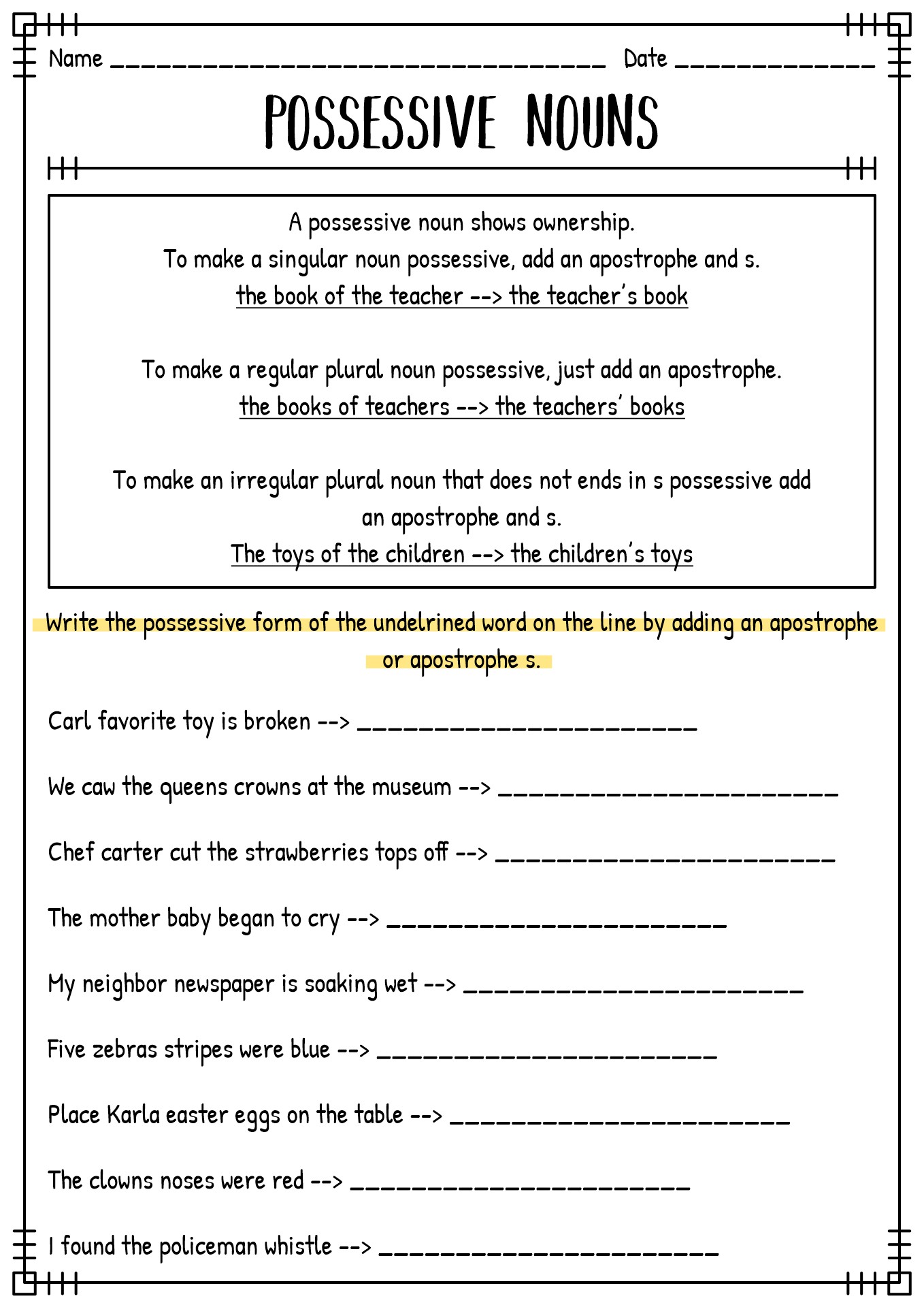 Plural Or Possessive Nouns Worksheet