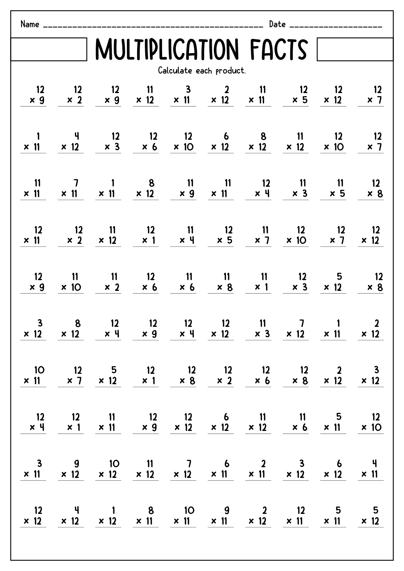 Printable Multiplication Fact Worksheets 1 to 12