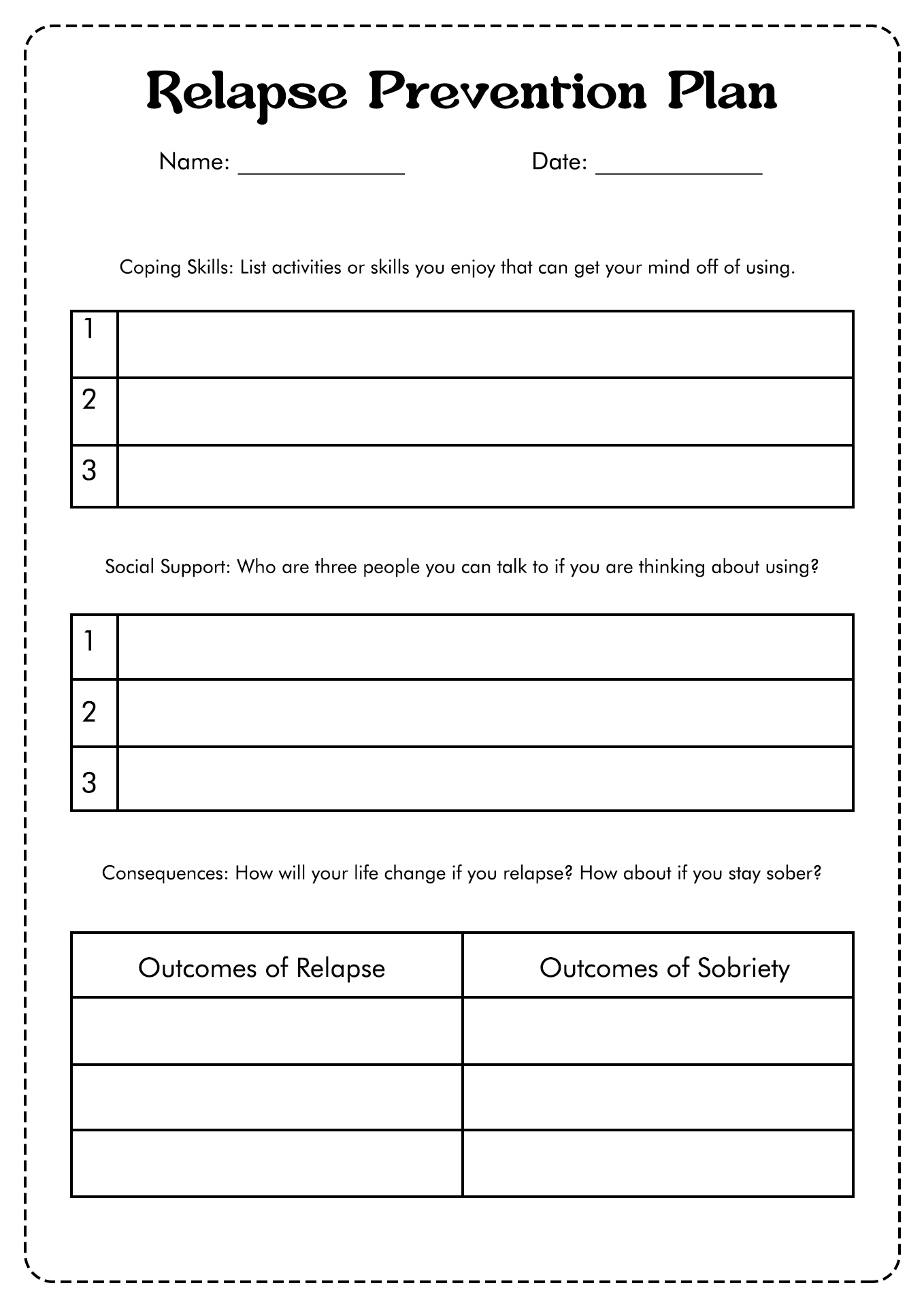 Recovery Relapse Prevention Worksheets