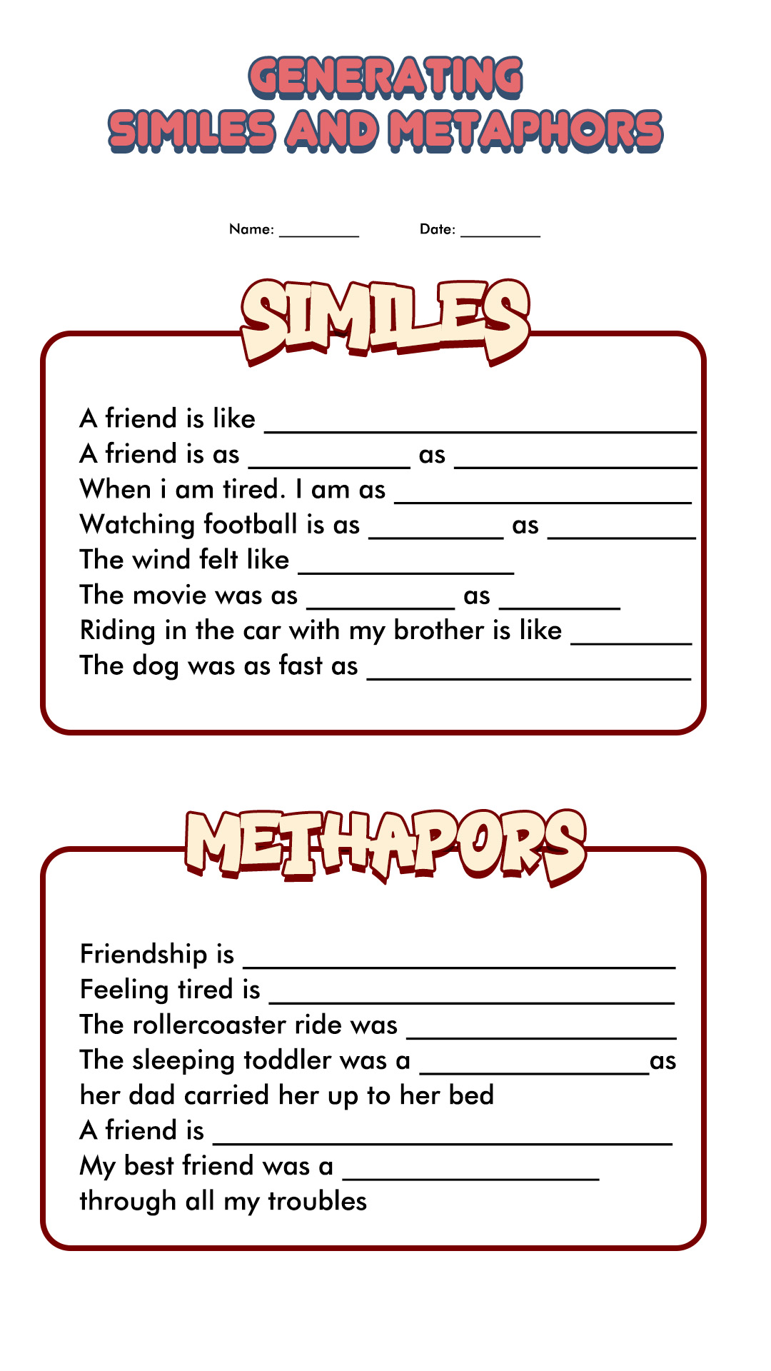 Simile and Metaphor Worksheets Grade 4 Image