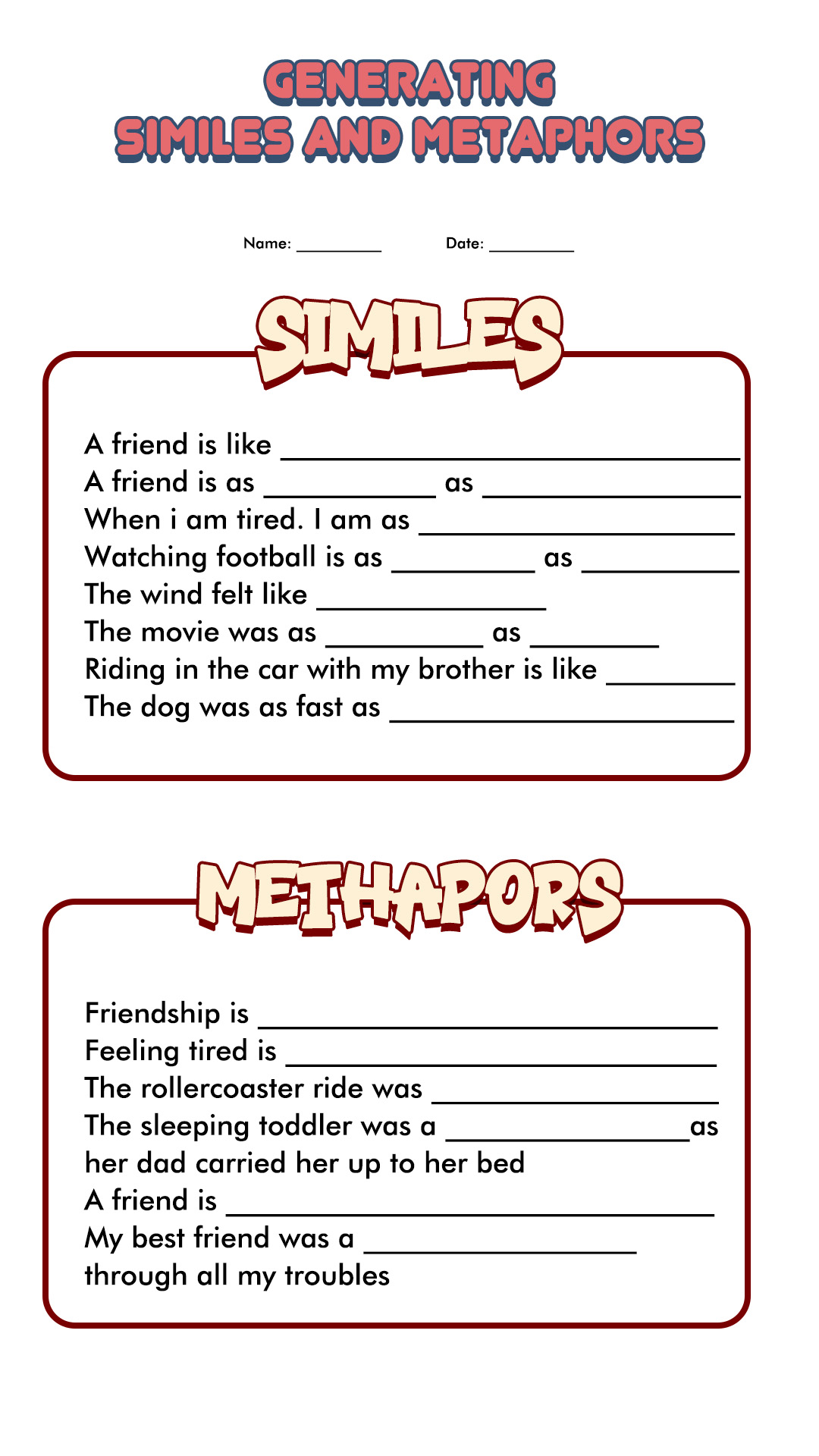 20 Simile Metaphor Worksheets Middle School Free PDF at