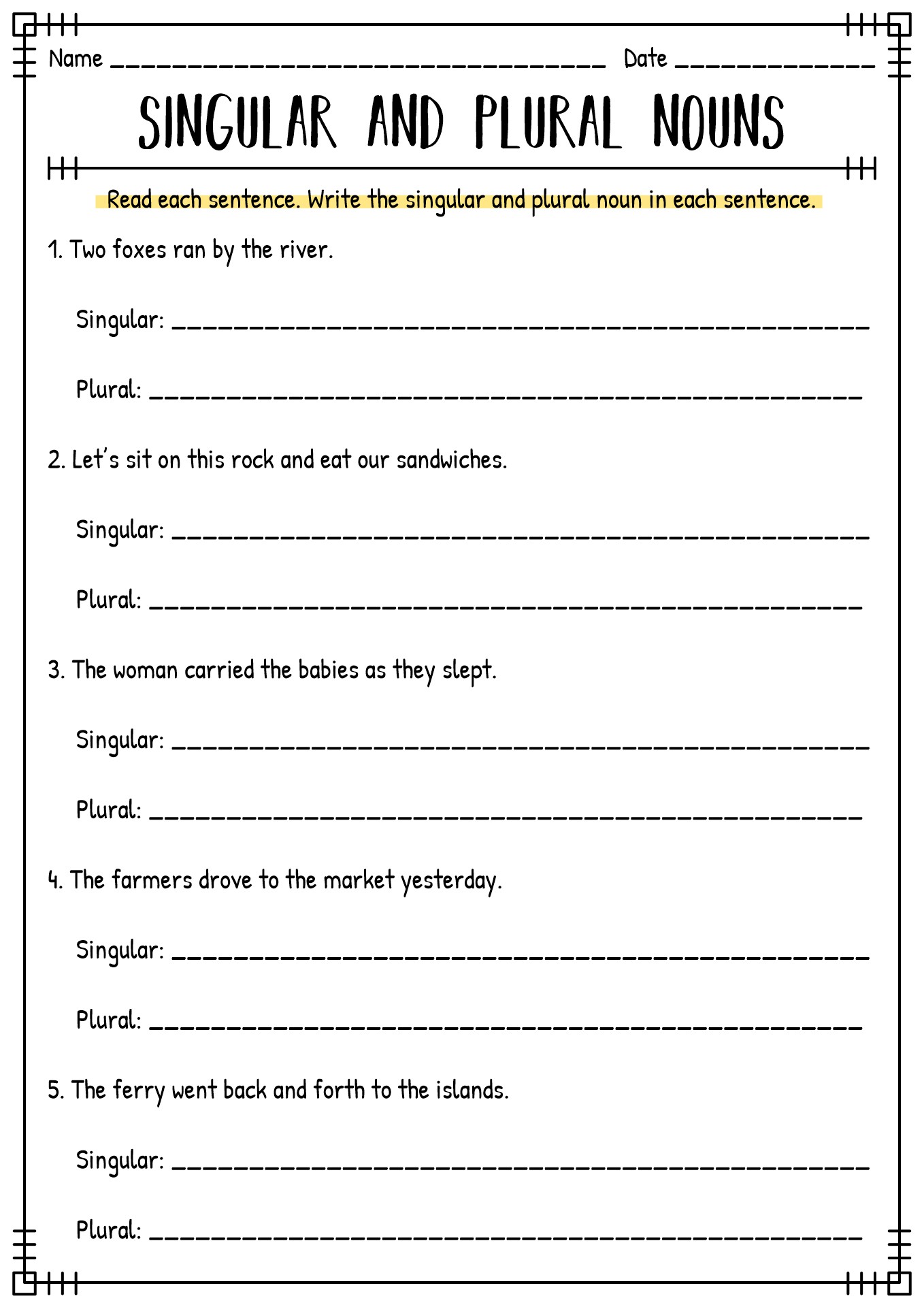 Singular and Plural Nouns Worksheets Image