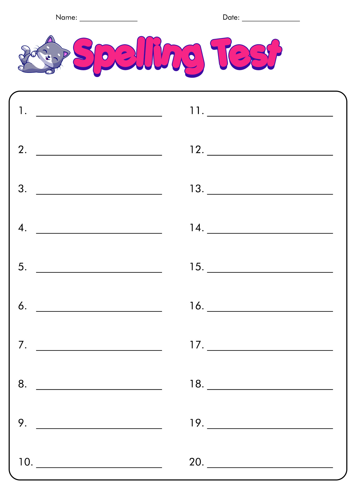 Spelling Test Paper Template