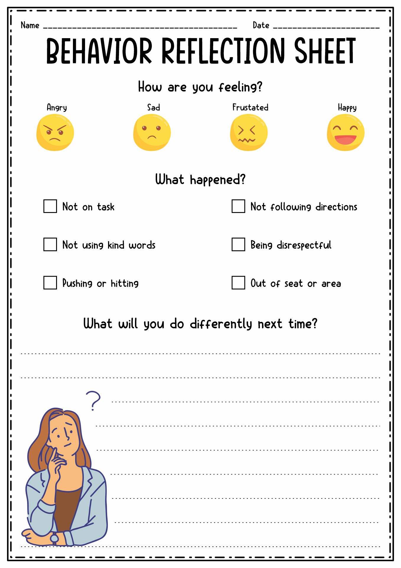 Student Behavior Reflection Sheet Elementary Image