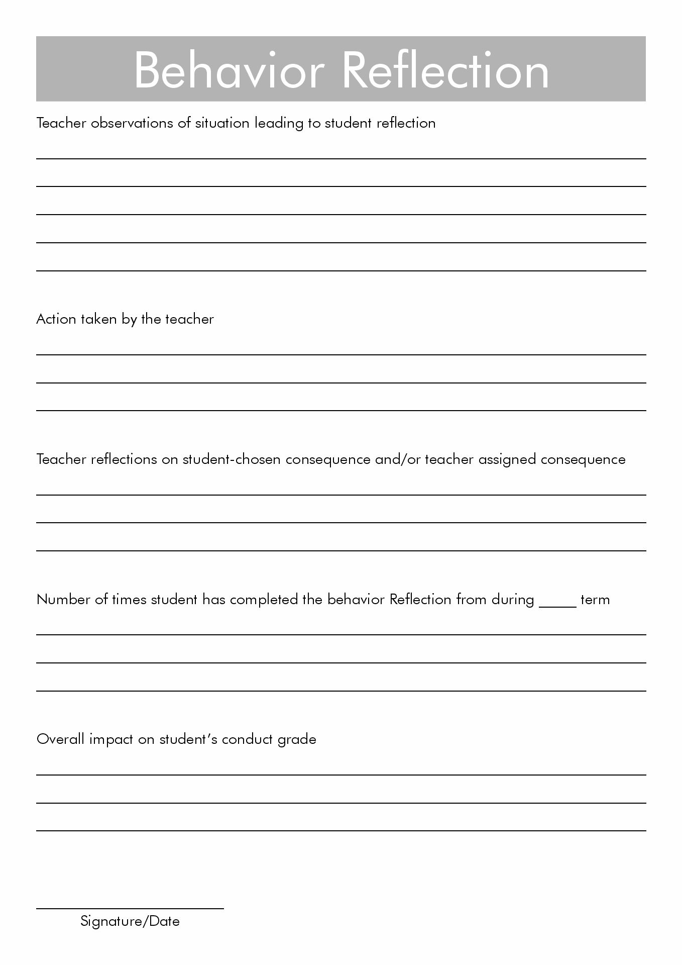 Student Behavior Reflection Sheet Image