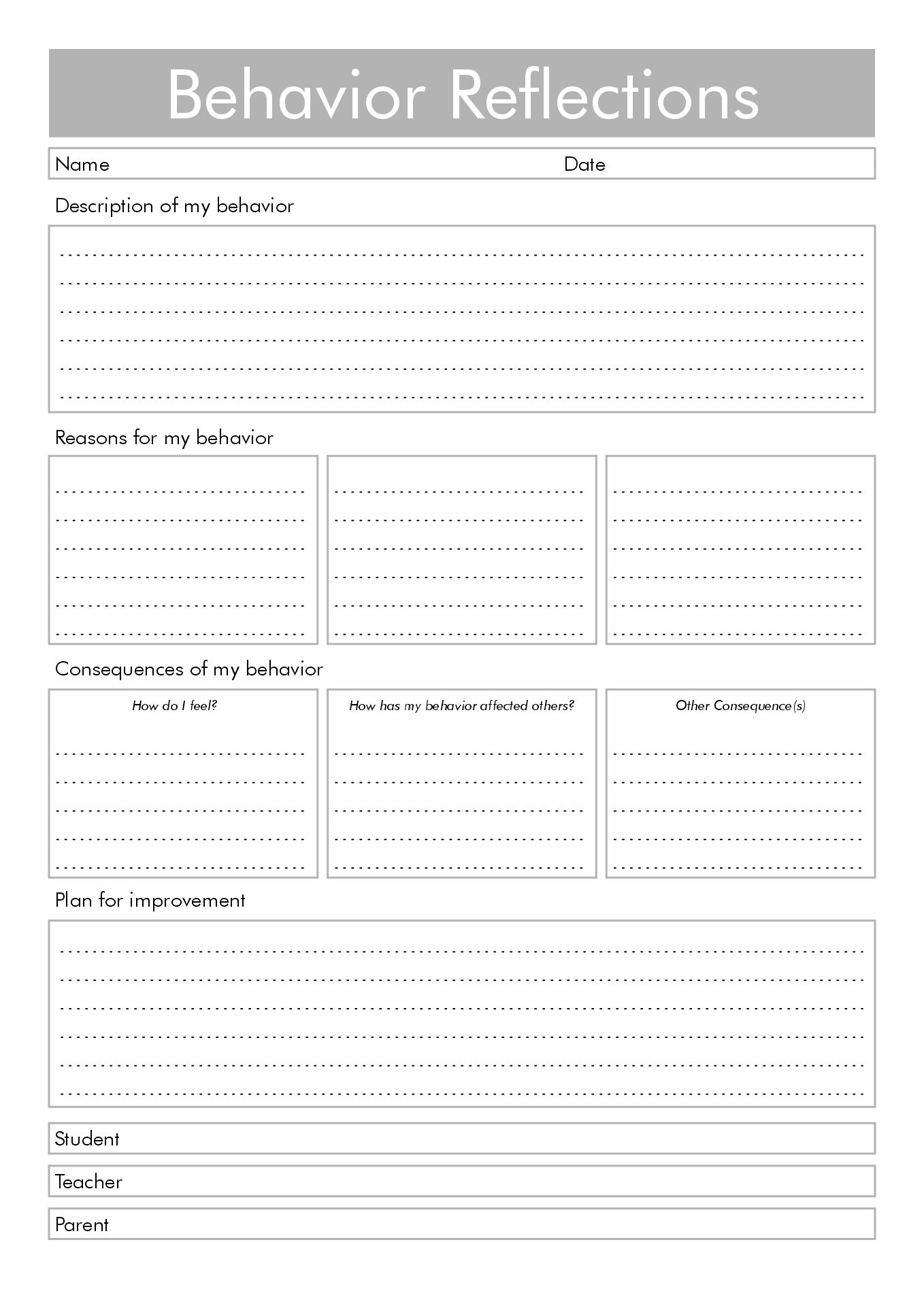 Student Behavior Reflection Sheet Image