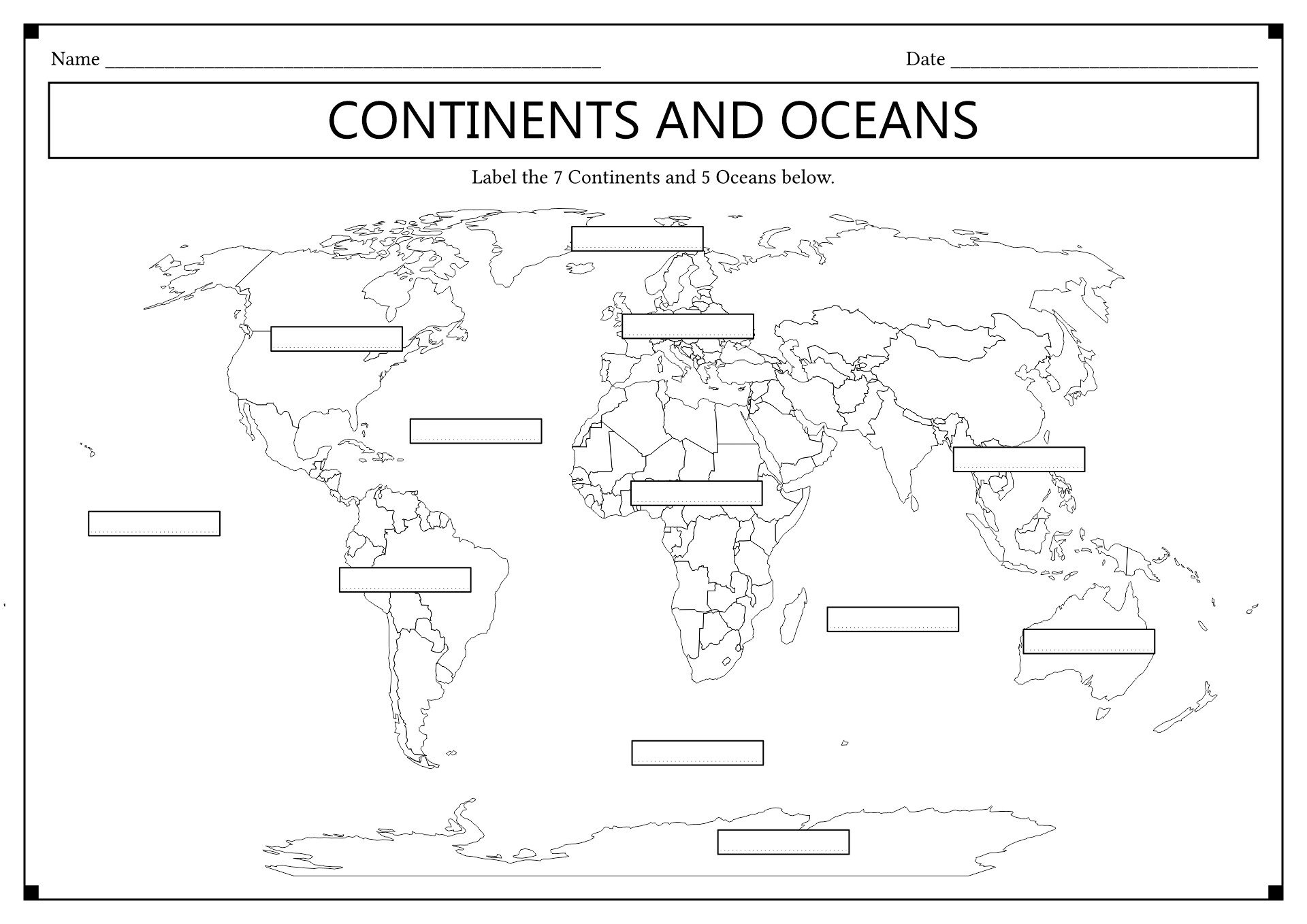 World Map Continents and Oceans Worksheet Image