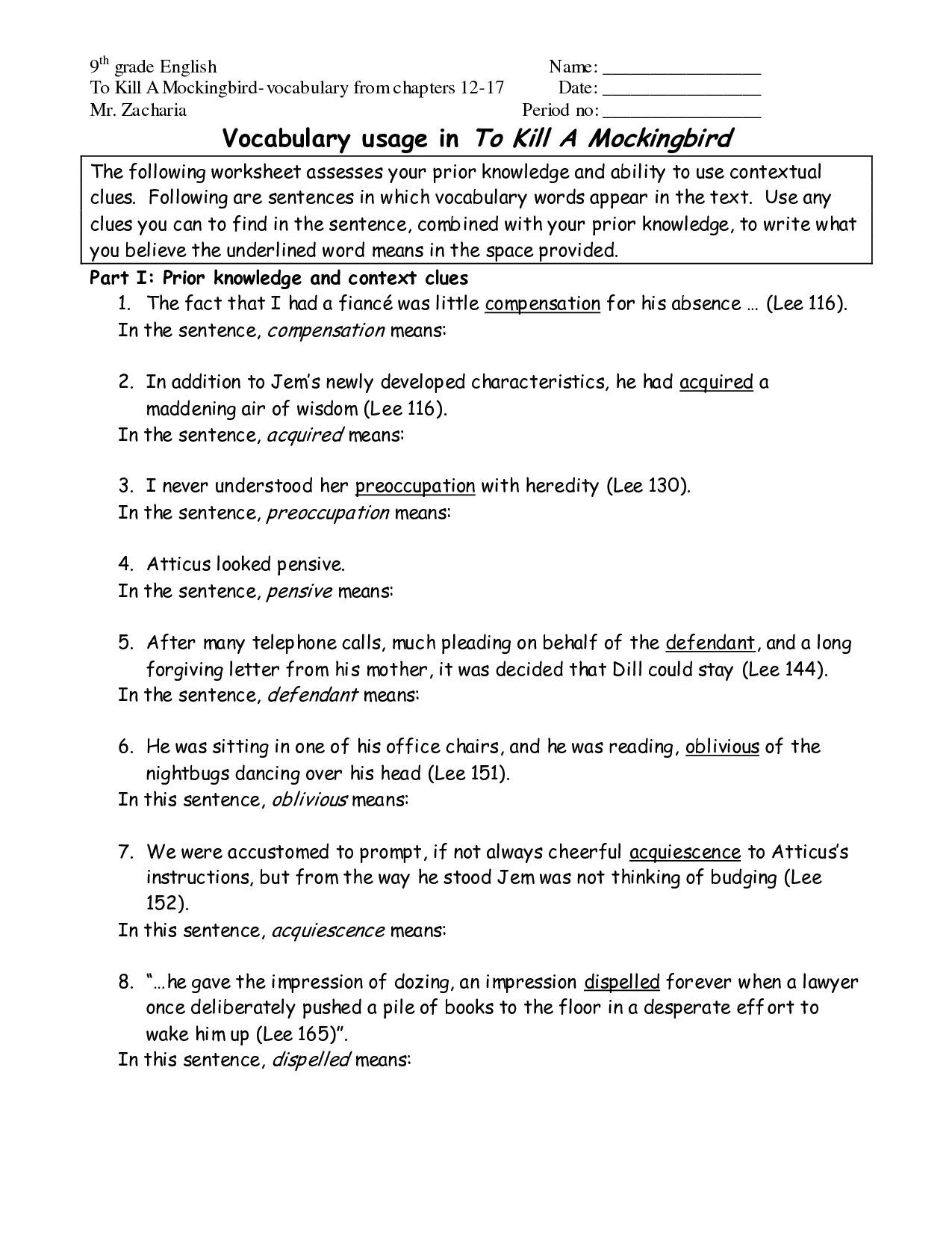 Context Clues Worksheets 9th Grade