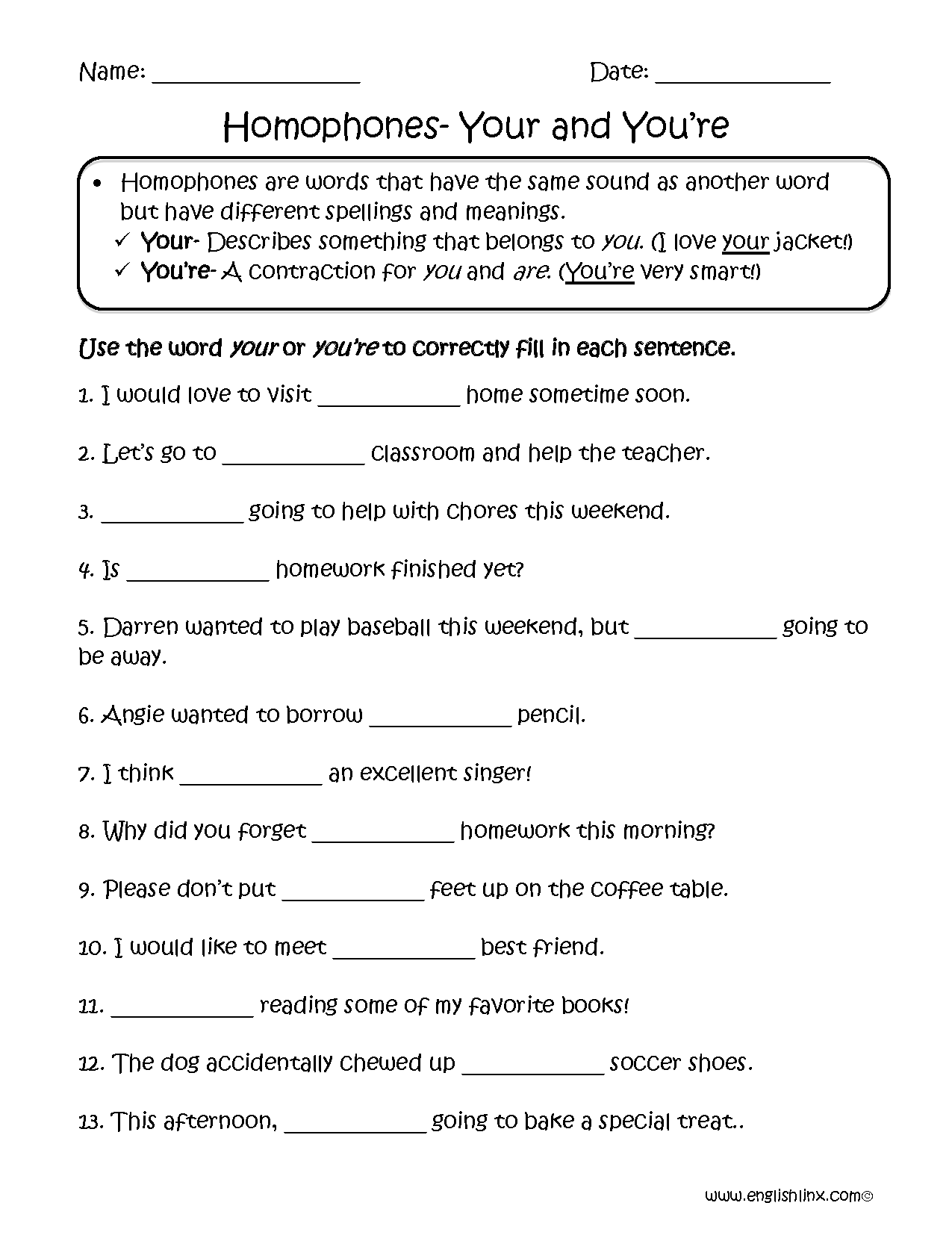 Homophone Worksheets Your and Youre Image