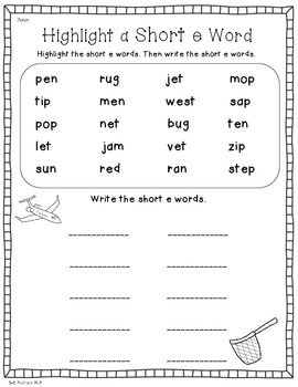 Short E Words Worksheets Image