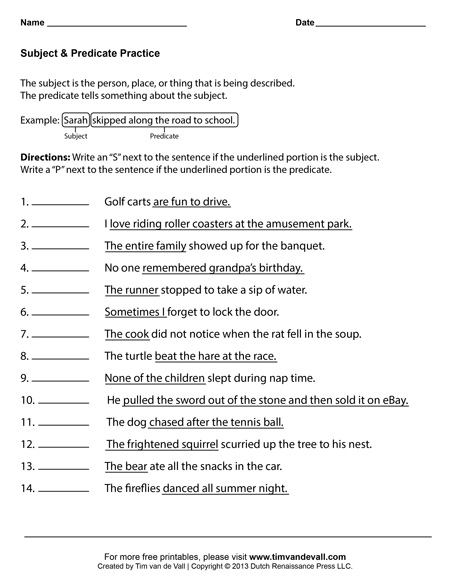 Simple Subject and Predicate Worksheets Image