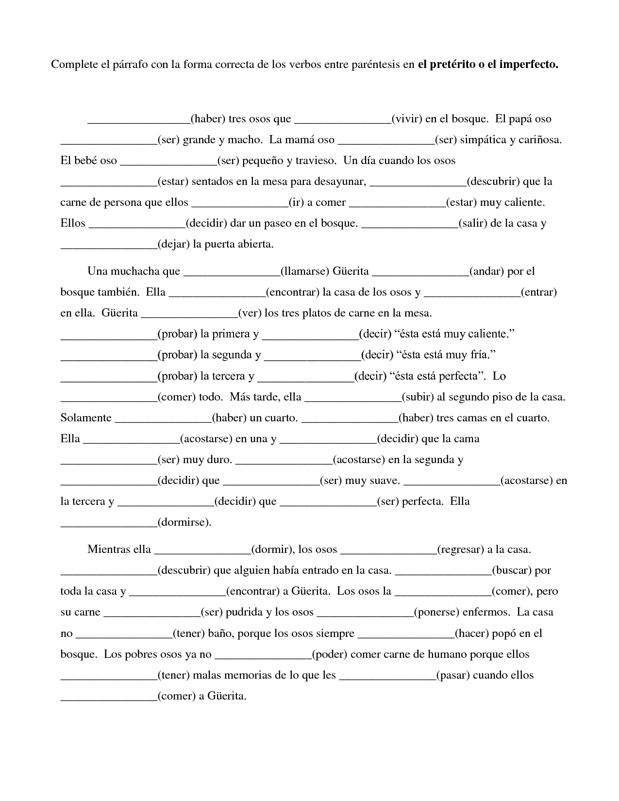 Imperfect Verbs In Spanish Worksheet