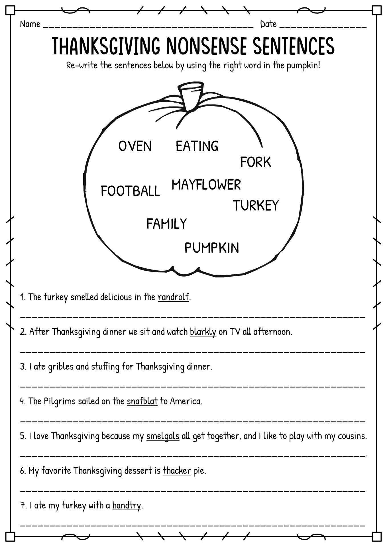 Thanksgiving Language Arts Worksheets Image