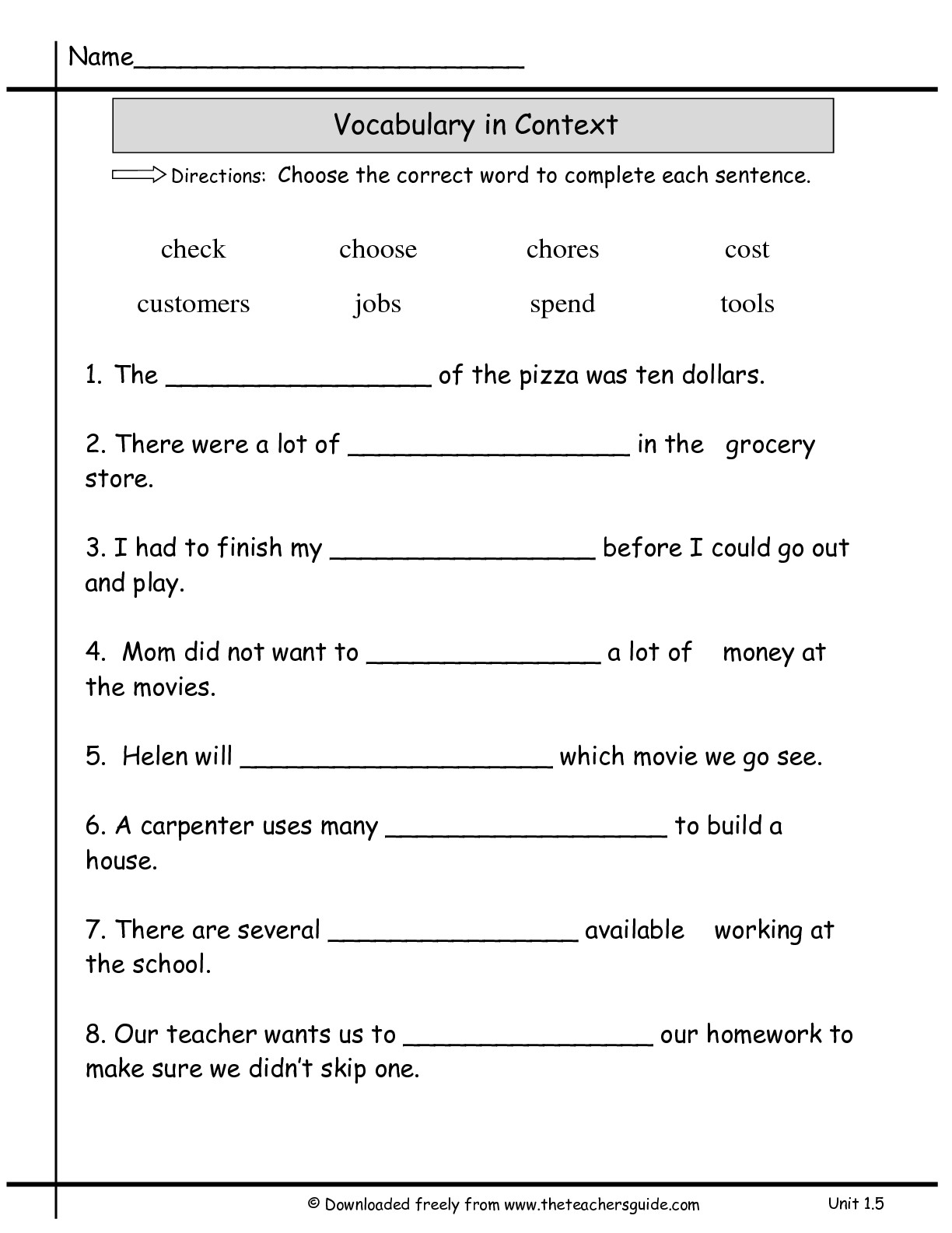 Vocabulary Sentences Worksheets 2nd