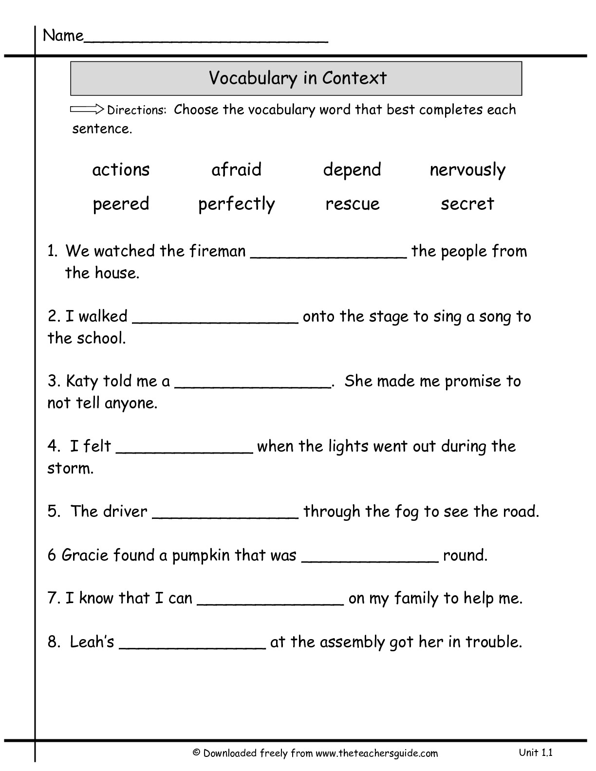 Vocabulary Sentences Worksheets