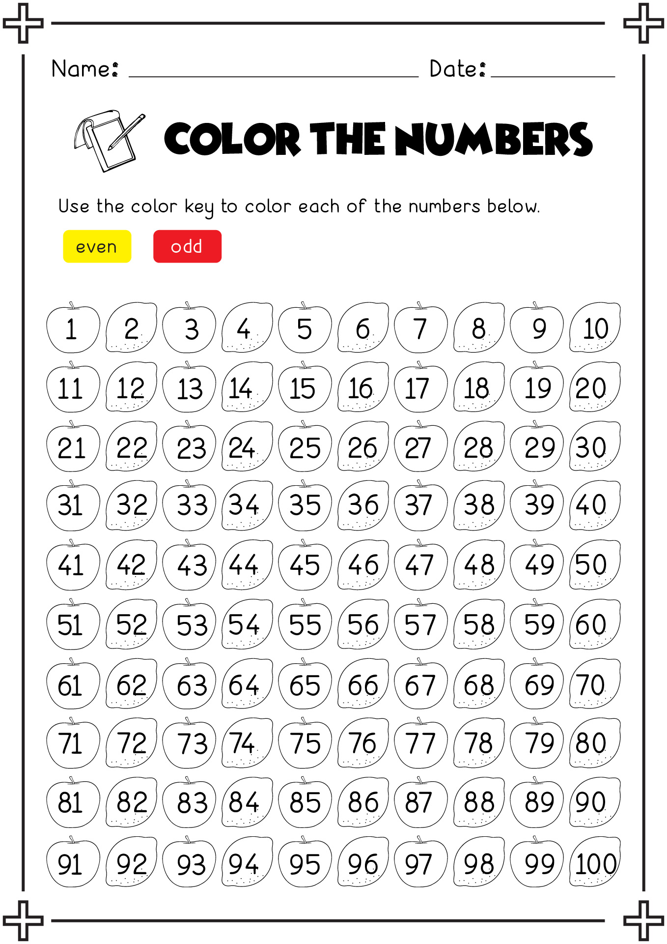 100th Day Color Even and Odd Numbers