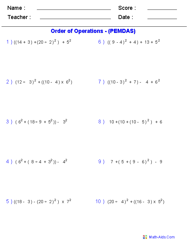 5th Grade PEMDAS Worksheets Order Operations Image