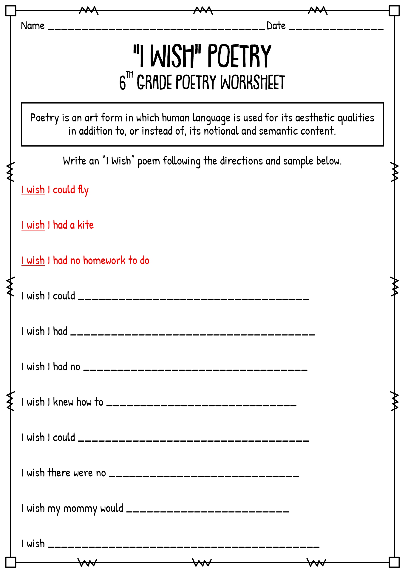 6th Grade Poetry Worksheets
